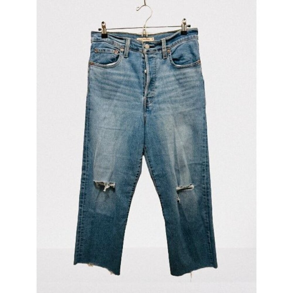 LEVI'S RIBCAGE STRAIGHT ANKLE Jeans Blue Distressed Front Buttons Size 30